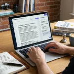 Freelance writer using ChatGPT on a laptop workspace