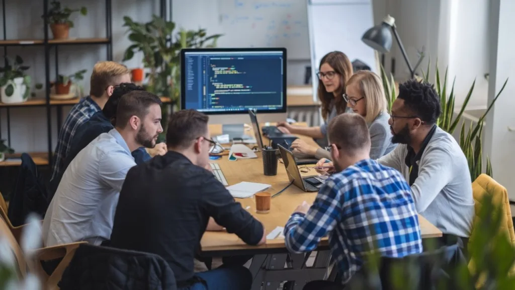 Business team collaborating on AI prompt strategies