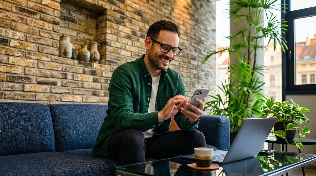 Beginner investor checking investing app on smartphone at home