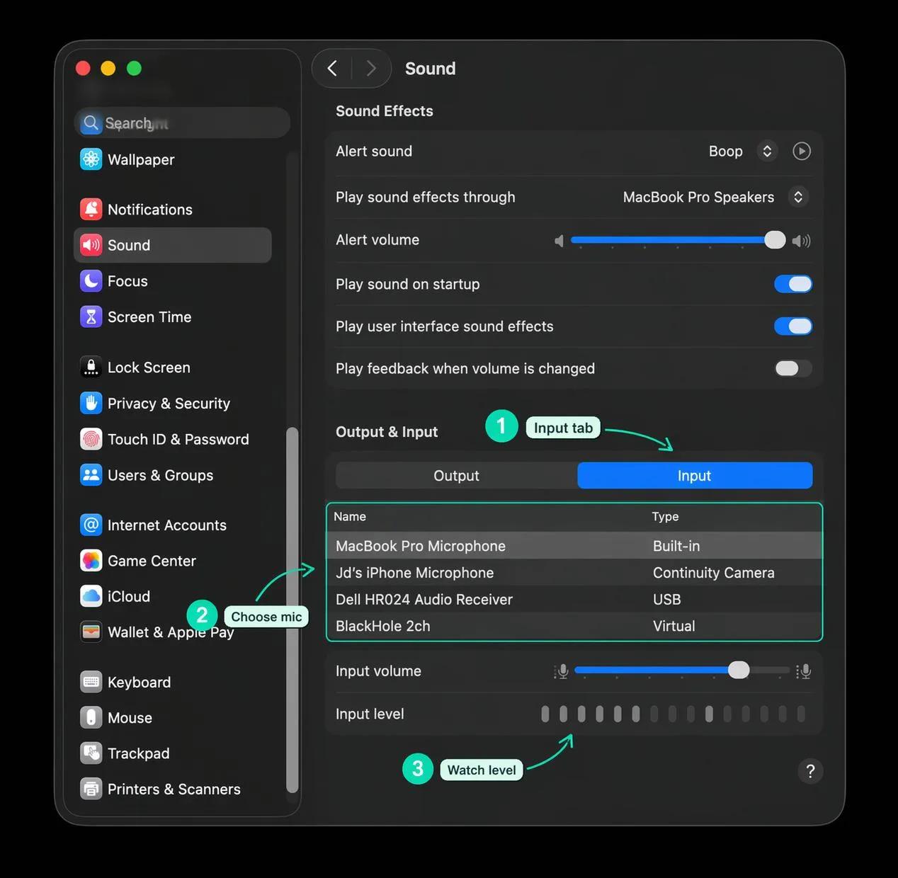 Mac System Settings Sound Input microphone level meter
