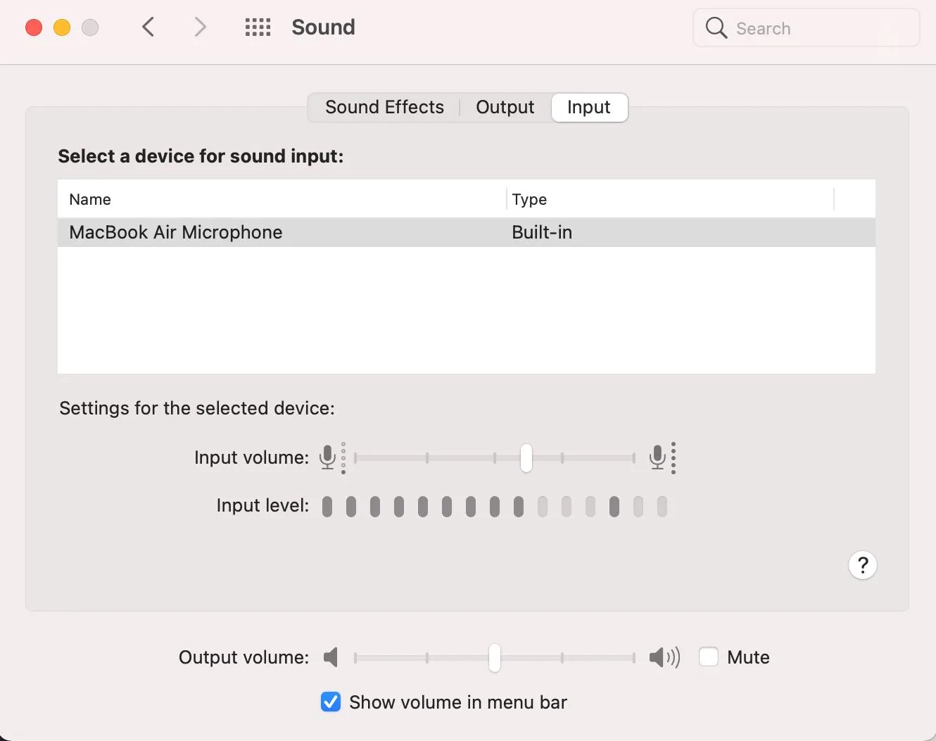 Mac microphone input volume and level meter in Sound settings