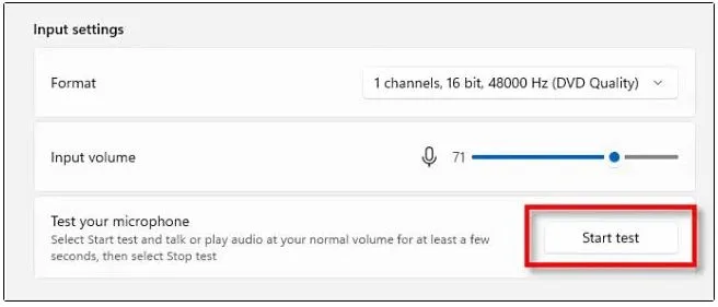 Windows 11 Start test button in microphone properties