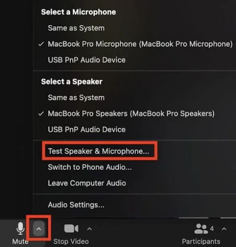 Zoom Test Speaker and Microphone menu option
