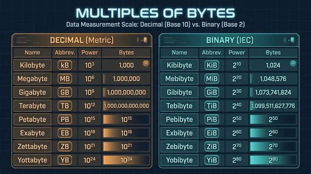 Binary data storage conversion chart 1024 bytes to KB MB GB